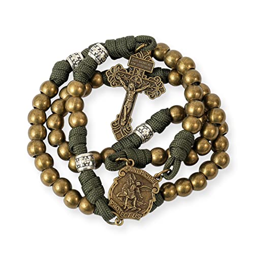 Nazareth Store Bronze Alloy 10mm Beads Green Paracord Rosary Necklace with St. Michael Medal Pardon Crucifix Catholic Prayer Beads for Spiritual Strength and Protection