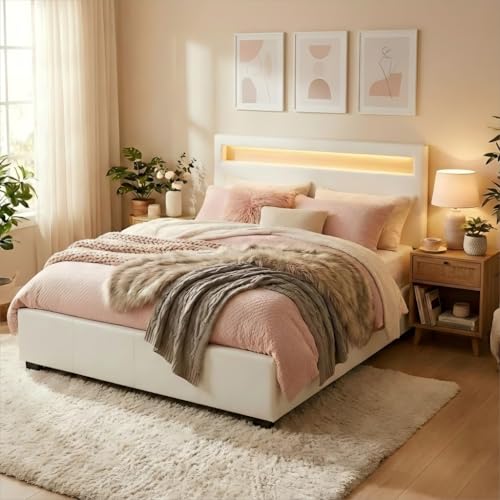 Artiss Queen Bed Frame Platform RGB LED Headboard Gas Lift Beds Base with Storage Space Frames Bedroom Room Decor Home Furniture, Upholstered with White PVC Leather + Foam + Wood, Modern Design