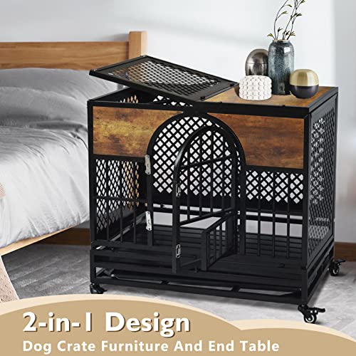 Kammuri Foldable Dog Crate Heavy Duty Dog Cage For Large Dogs, Pet Wood Kennel With Removable Tray, Extra Large Dog Crate 35 Inch，Brown #TOP4