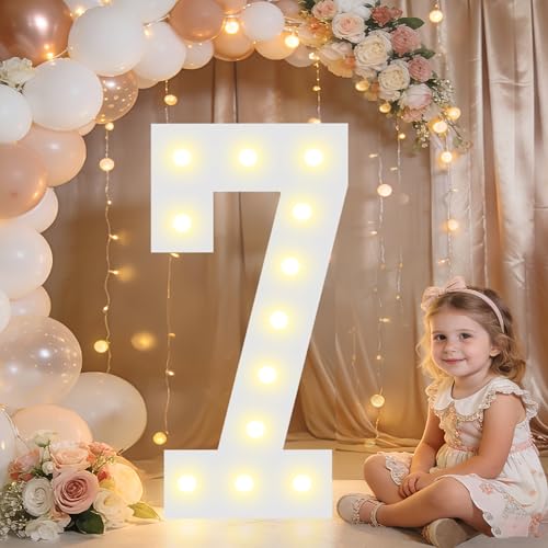 Image of Pooqla 2.4FT Light Up Numbers, Marquee Numbers 2.4 Feet Tall Party Decor for Her Him, Mosaic Big Sign for 7th 17th 70th Birthday Anniversary Decoration Backdrop, Large Pre-Cut Frame Number 7