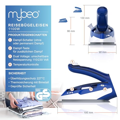 Reisebügeleisen MyBeo 1100W mit Antihaftsohle und Dual-Voltage