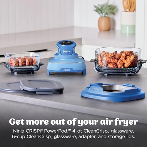 Image of Ninja Crispi 4-in-1 Glass Air Fryer | 450F | Non-Toxic | 4QT & 6-Cup Glass Containers w /Lids | Microwave, Freezer, Dishwasher Safe | Max Crisp, Air Fry, Bake, Recrisp | Electric Cobalt | FN101BL2