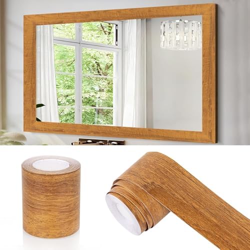 Avinyl Brown Wood Grain Mirror Frame Border Peel and Stick Wallpaper, Self Adhesive Removable Waterproof Wallpaper for Bathroom Decor, Peel and Stick Mirror Tape Border Kitchen Decor 1.96" x 590"