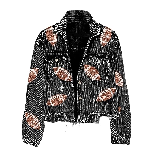 Xunger Women’s Football Corduroy Sequin Jacket Cropped Distresses Rugby Patched Shacket Coat