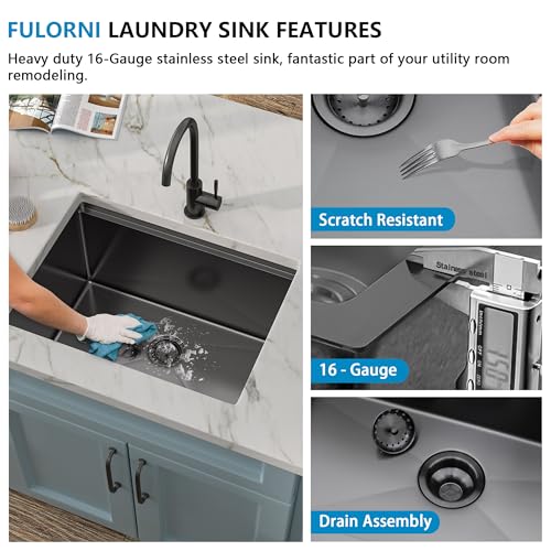 Image of 24 inchx18 inch Undermount Laundry Utility Sink Workstation - Gunmetal Black NANO-PVD, 16 Gauge 304 Stainless Steel, 12 Inch Deep Single Bowl Sink Basin for Laundry Room, RV or Utility Use