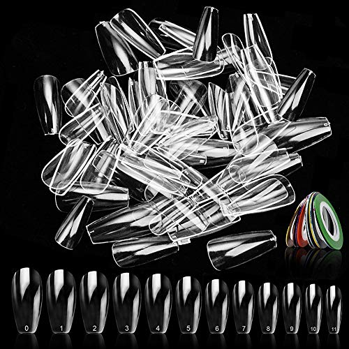600pcs Full Cover Nail Tips 12 Sizes Clear Ballerina Acrylic False Nail Fake Nails Press on Nail Artificial Nails for Nail Salon and DIY Nail Art Strapping Tapes as a Gift