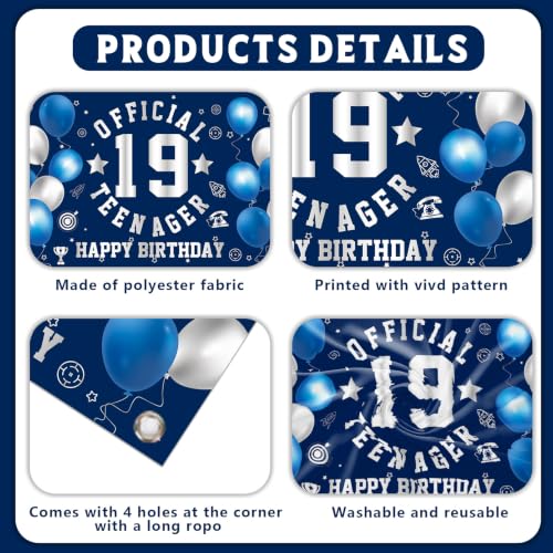 Image of Happy 19th Birthday Banner Backdrop 19th Birthday Decorations for Boy | Large Official Teenager 19th Backdrop 19 Year Old HBD Party Decorations Supplies, Navy Blue Silver