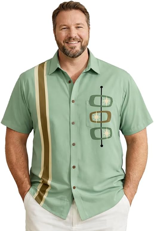 Men's Mid-Century Modern Bowling Shirt, Retro Geometric Stripes Short Sleeve Camp Shirt