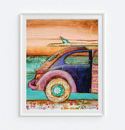 Antique Classic Cars Art Prints, Set Of 4, Danny Phillips Fine Art, Mixed Media Collage Artwork, Coastal Wall Decor, 8X10 Inches #TOP2
