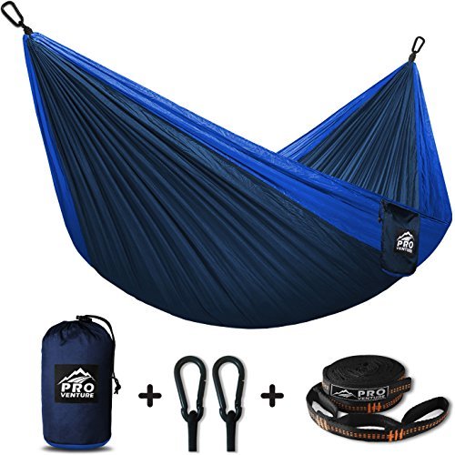 Proventure Single Camping Hammock - Lightweight and Compact - for Backpacking, The Beach, Back Yard, Travel, or Any Adventure! - Free 6.5ft Tree Straps (Dark Blue/Blue)