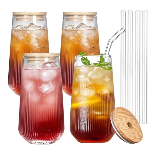 Haayymo 16oz Vintage Ribbed Drinking Glasses Cups Set of 4, Ribbed Glassware with Bamboo Lid and Straws,Water Glasses for Juice, Beer, Coffee, Tea and Cocktail