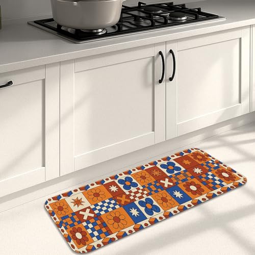 Listado de Piso naranja los 10 mejores. 49 Alfombrillas geométricas retro de cocina para piso, color naranja y azul clásico, suaves, acolchadas, cómodas, lavables, para fregaderos de cocina, lavadero, baño, 16 x 47...