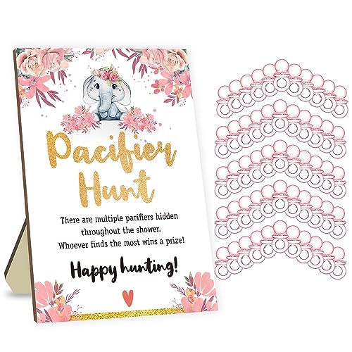 Image of Azbuk Pacifier Hunt Baby Shower Game Set, 50 Pink Acrylic Mini Pacifiers with Elephant Sign, Adult, Teen, Big Kid, Game, 50 Players, Indoor, Animal Theme, No Assembly Required