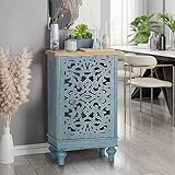 MFSTUDIO Small Accent Storage Cabinet with 1 Door, Farmhouse Hollow-Carved Floral Distressed Decorative Wood Cabinet Nightstand Side Table Sofa Table for Living Room, 13.8' Dx18.9 Wx31.5 H, Blue