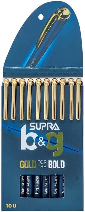 Supra B&G 0.7mm Ball Point Pen Card Pack | Stylish Blue Body with UV Golden Clip | Long Lasting Smooth Refillable Pen | Extended Writing Lengths with Lesser Pressure | Blue Ink, Set of 10