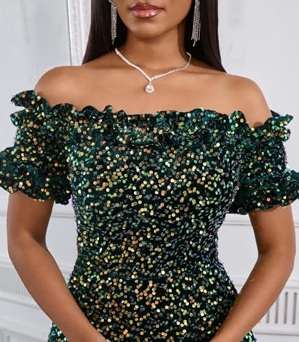 Image of dasmzper Women Sexy Sequin Off Shoulder Ruffle Short Sleeve Bodycon Mermaid Party Formal Evening Maxi Dress