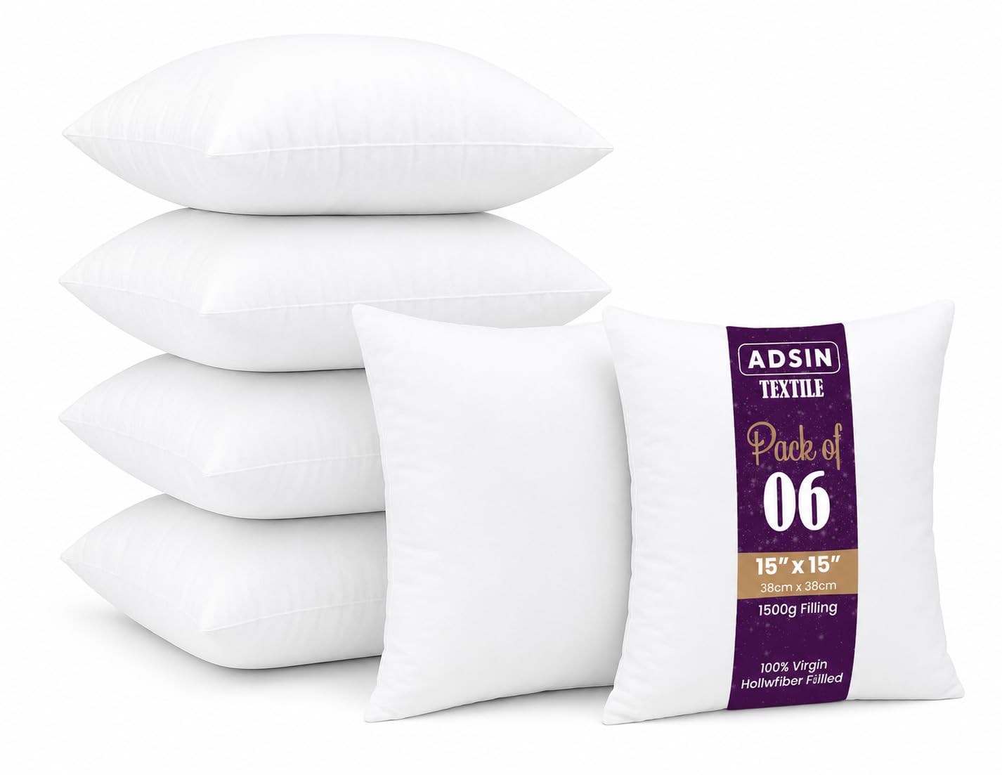 Adsin White Set Of 6 – 38Cm X 38Cm Odd Size Hollowfibre Cushion Pads New Inners Stuffer Square Pillow Insert Sofa Throw Hypoallergenic (Pack Of 6 | 15" X 15")
