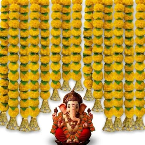 Image of Bindian Artificial Marigold Flower Toran 2.5 Ft Yellow with Leaf & Bells | Decorative Bandanwar for Diwali, Pooja, Wedding, Festival, Home Entrance & Wall Decoration (Pack of 10)