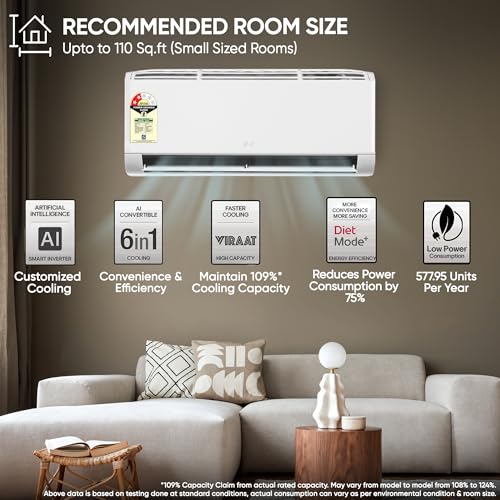 Image of LG Essential Series, 0.8 Ton 2 Star,New star rated, Smart Inverter Split AC (Copper, Convertible 6-in-1 Cooling, Faster Cooling & Energy Saving, HD Filter with AntiVirus Protection, AS-Q11KNVE, White)