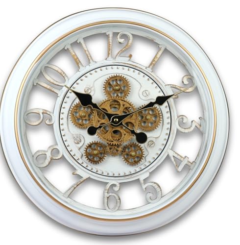 Image of STAR WORK Vintage Gear Wall Clock Industrial Rustic Farmhouse Classic Style Mechanical Charm Perfect for Living Room Bedroom Office or Entryway Decor (White -18 INCH)