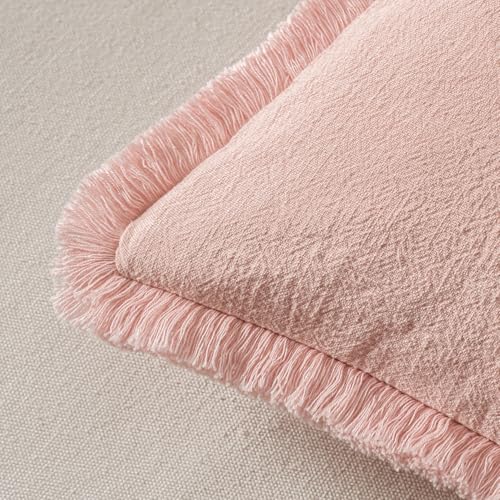 Image of MIULEE Valentines Decorative Throw Pillow Covers Neutral Linen Fringe Throw Pillows Set of 2 Pink Boho Farmhouse Cushion Covers with Tassels for Couch Sofa Bed Living Room Spring Decor 20x20 Inch