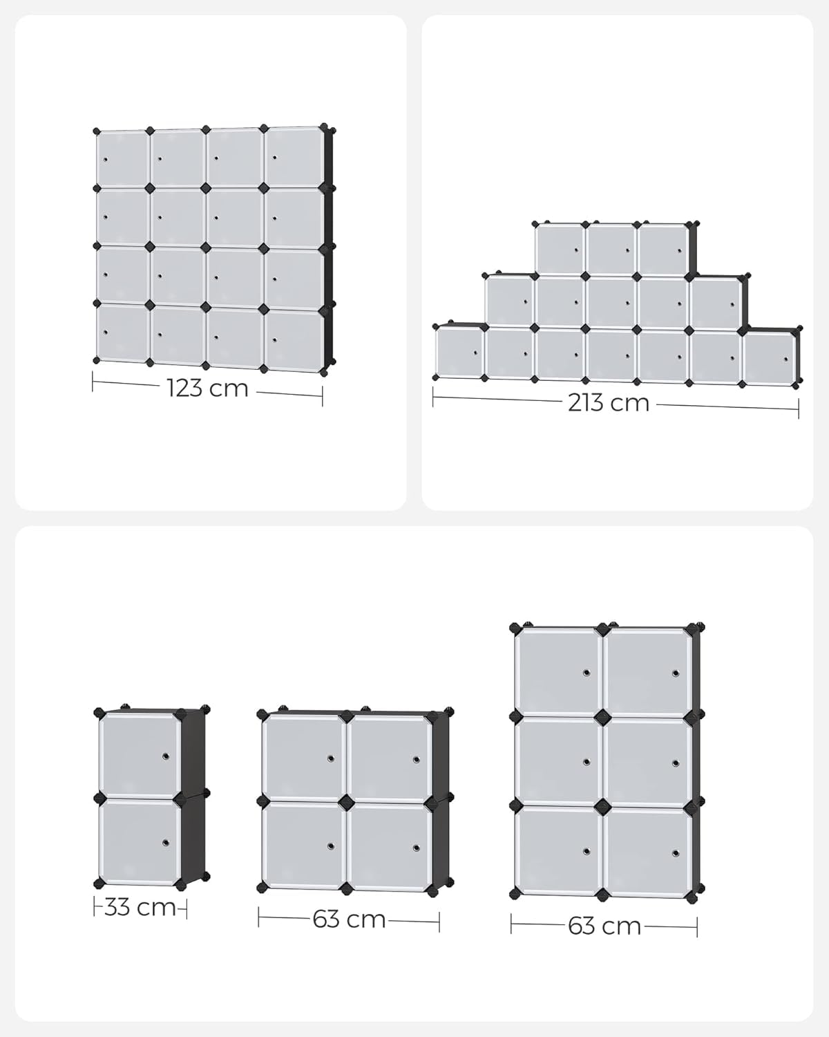 SONGMICS Meuble de Rangement Modulable, 16 Cubes, Étagère en Plastique, avec Portes, pour Vêtements, Chaussures, Livres, Assemblage Facile, Noir LPC44HS