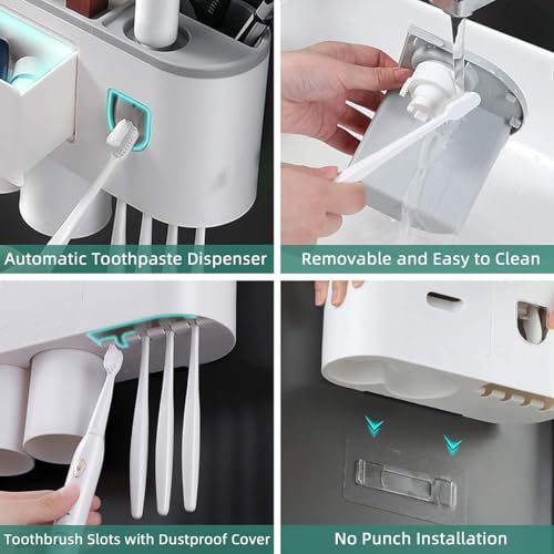 Image of Toothbrush Holder Wall Mounted, Automatic Toothpaste Dispenser Squeezer Kit -Magnetic Toothbrush Holder for Bathroom and Vanity, 4 Brush Slots 1 Cosmetic Drawer (Grey, 2 Cup)