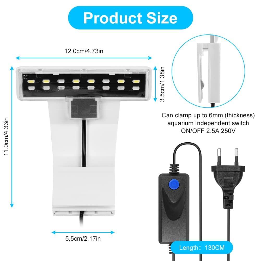 Adiwo Luce per Clip per Acquario, 3 Colori Luce Acquario LED, 9W Mini Lampada per Acquario a Led per 6 mm di Spessore Acquario, 16 LED Acquario, per Illuminazione Acquario (Bianco)