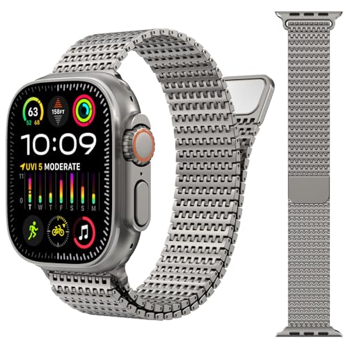 Fullife Milanese Loop Stainless Steel Compatible with Apple Watch Straps 49mm 46mm 45mm 44mm 42mm(Series 3 2 1),Metal Magnetic Strap for iWatch Ultra2/Ultra,Series 10 9 8 7 6 SE 5 4 3 2 1,Titanium