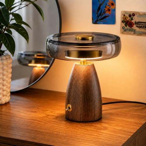 SEHNLICH Aesthetic 9 Table Lamp for Living Room Bedroom Bedside Nightstand Lamp with Wood Base Stained Glass Shade 3 Color Temperature Vintage Retro Mushroom Mid Century Modern Lamp Desk Decor