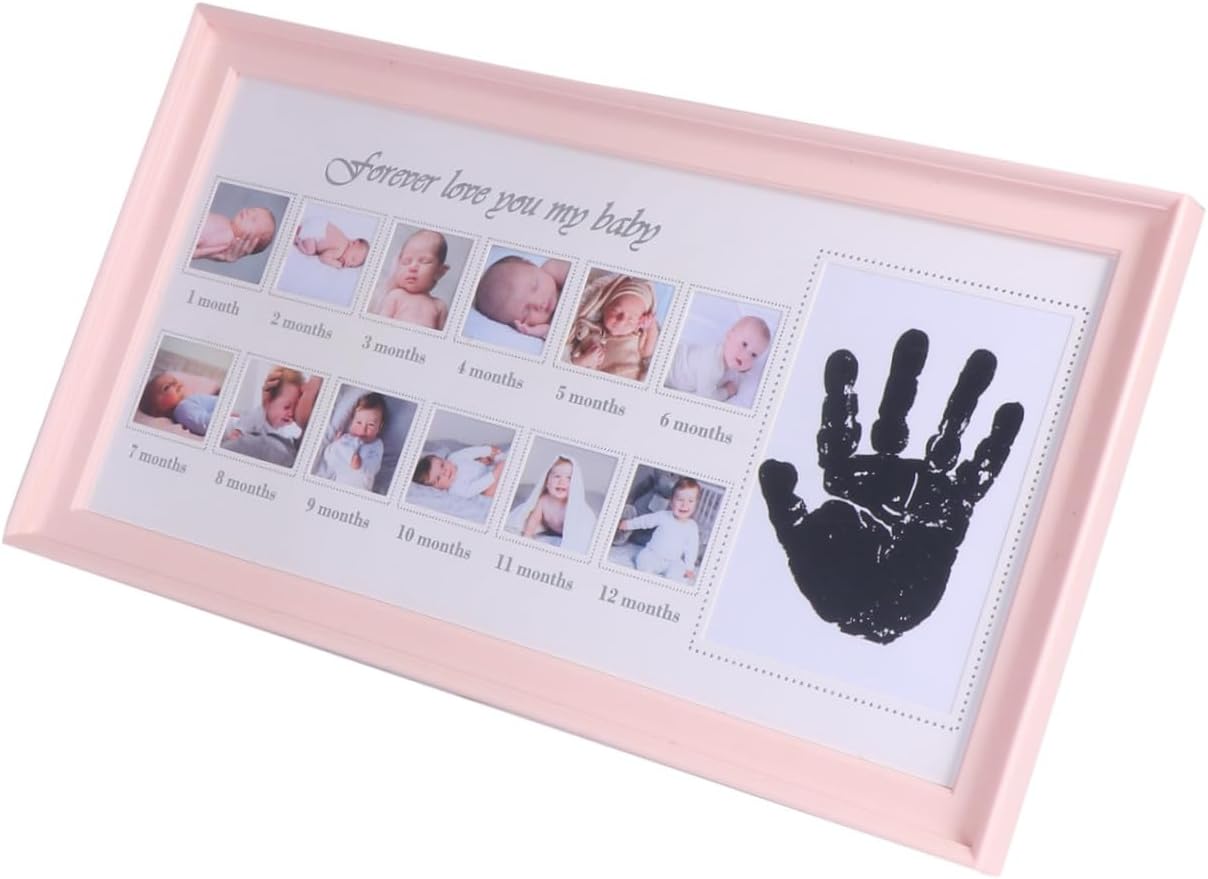 BESPORTBLE Growth Record Photo Frame and Handprint Keepsake for Infant, Blush 12-month Memory Frame for Newborns, and Nursery Display