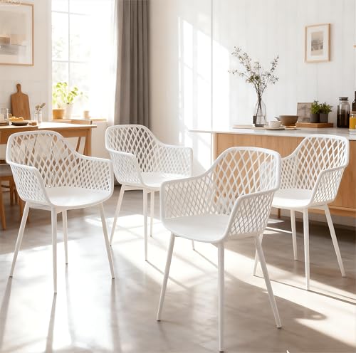 buybyroom Gartenstuhl 4er Set, Outdoor Stuhl mit Armlehne, Armlehnensessel Loungesessel Lehnstühle, Gartenstühle 120 kg belastbar, Weiß