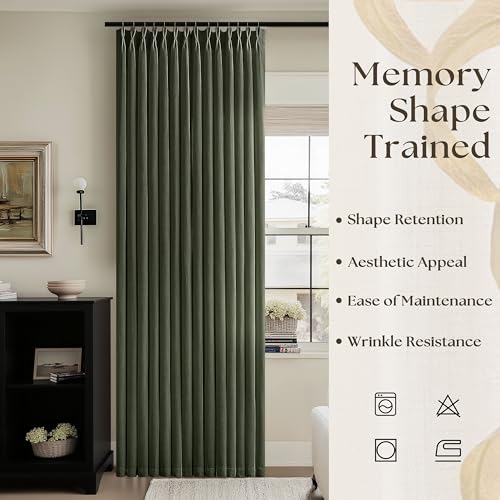 Image of Dark Green Pinch Pleated Semi Sheer Linen Curtains 90 Inch Long for Bedroom | Hunter Green, Light Filtering Privacy, Living Room Classroom, Faux Textured, Hook Rings Memory Shape, Elegant Luxury, Drapes