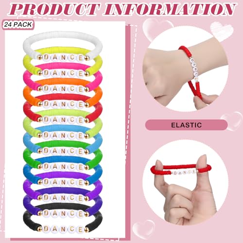 Blosssound 24 Pcs Dance Polymer Clay Beaded Bracelet Bulk Stretch Heishi Bracelet for Dancer Party Favors Team Gift Colorful Dance Lover Gift Ballerina Party Favors Charm Jewelry3