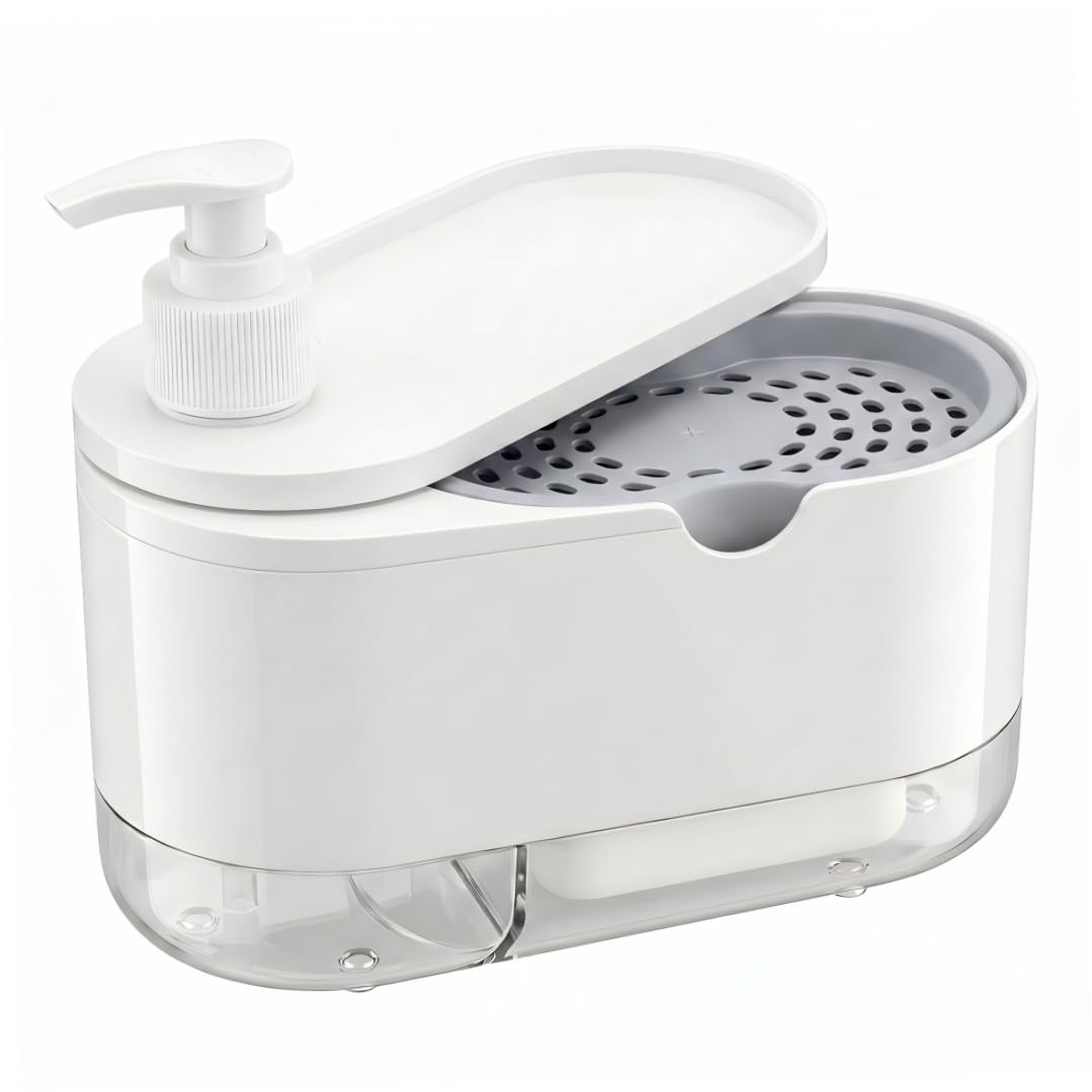 BeVistoso Dish Soap Dispenser with Sponge Holder, 2-In1 Kitchen Soap Dispenser Set for Cleaning & Storage, 7x4in, White, With Sponge Holder