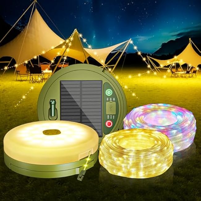 Upgraded Solar Camping String Lights for Outside, 33FT Retractable Colored Fairy String Lights Camping with Snap Portable Waterproof Solar Powered Camp Light for Tent Awning Decor