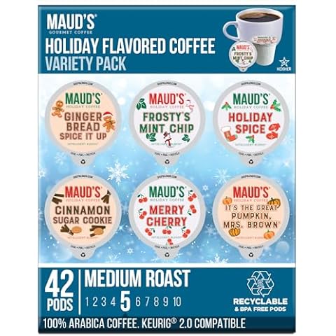 Maud's Holiday Flavored Coffee Pods Variety Pack, 42 ct | 6 Assorted Blends | 100% Arabica Flavored Coffee | Solar Energy Produced Recyclable Single Serve Pods Compatible with Keurig K-Cup Brewers Cover