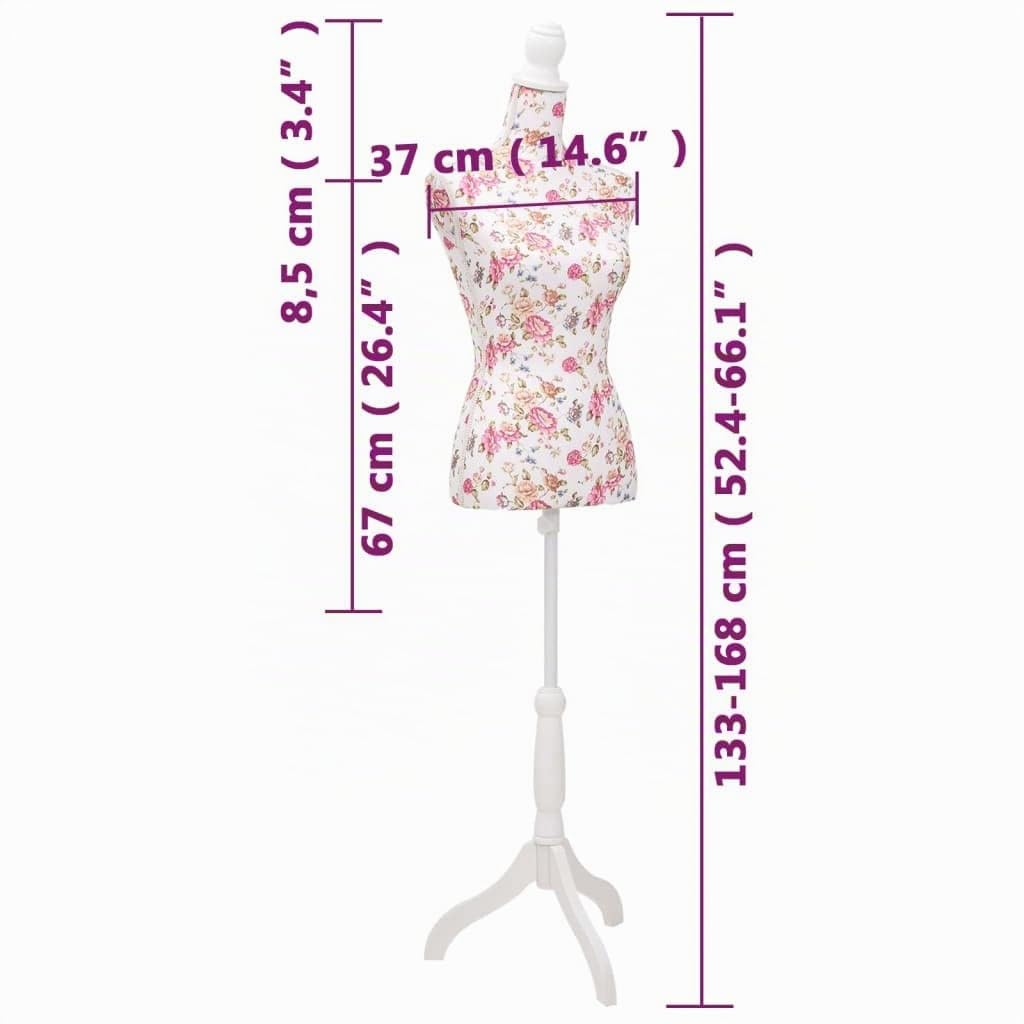 Mannequin de Couture Femme, Buste de Couture Femme Réglable Mannequin Tailleur Féminin en Coton Blanc Motifs à rosiers