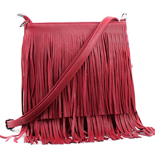 AOSSTA Crossbody Bag For Women Fringe Tassel Hobos Shoulder Bags Ladies Casual Handbags (Red)