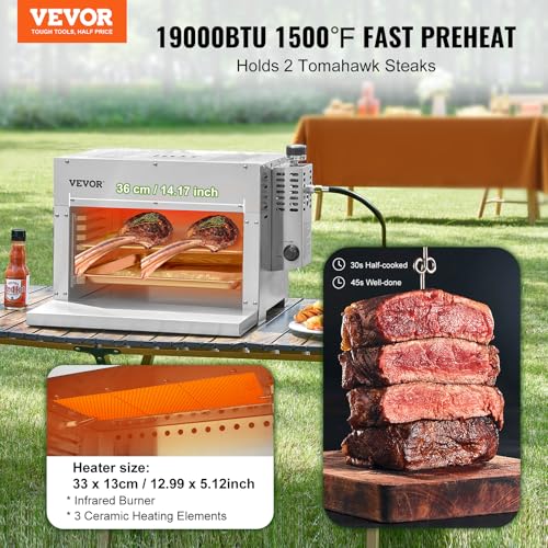 Image of VEVOR Propane Steak Grill, Portable Infrared Broiler, 1500F Stainless Steel Barbecue Infrared Grill with 6-Tier Adjustable Rack, Steak Cooker Machine for BBQ, Toast, Grill, Outdoor Picnic