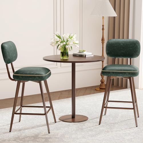 Image of MALOL 26 inch Swivel Bar Stools Set of 4, Mid Century PU Leather Counter Height Bar Chairs with Low Back and Metal Legs, Modern Bar Stool Chair for Kitchen Island, Green
