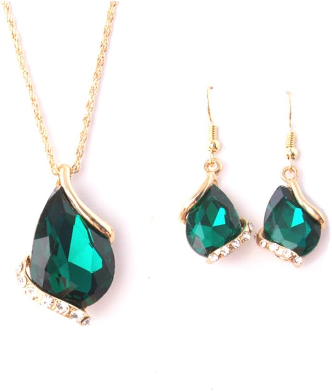 Ezing Women Crystal Pendant Gold Plated Chain Necklace Earring Jewelry Set (Green) - Image 5
