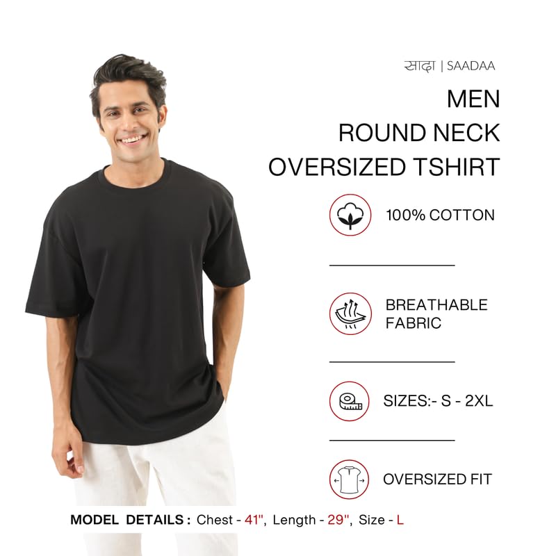 Image of SAADAA Men's Oversized Cotton T-Shirt | 210 GSM Heavyweight Fabric | Drop Shoulder | Dual Knit | Comfortable Casual Wear | Solid Colors