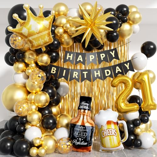 Image of 21st Birthday Decorations for Him 150pcs with Number 21 Foil Balloon Fringe Curtains White Black and Gold Balloons Arch Kit for 21st Birthday Decorations Graduation Birthday Balloons for Bed