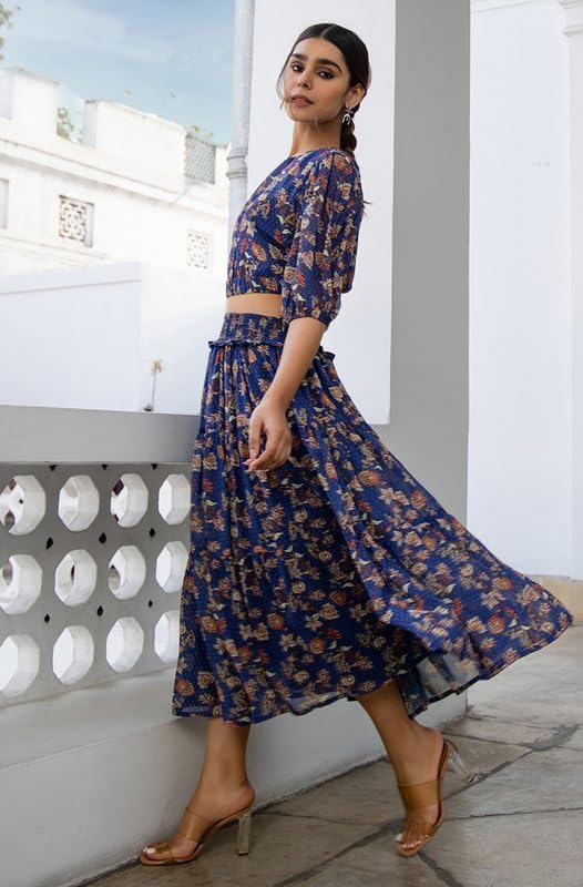 Gajula.Enterprises Women's Georgette Printed Regular Co-ord Set - Blue (L)