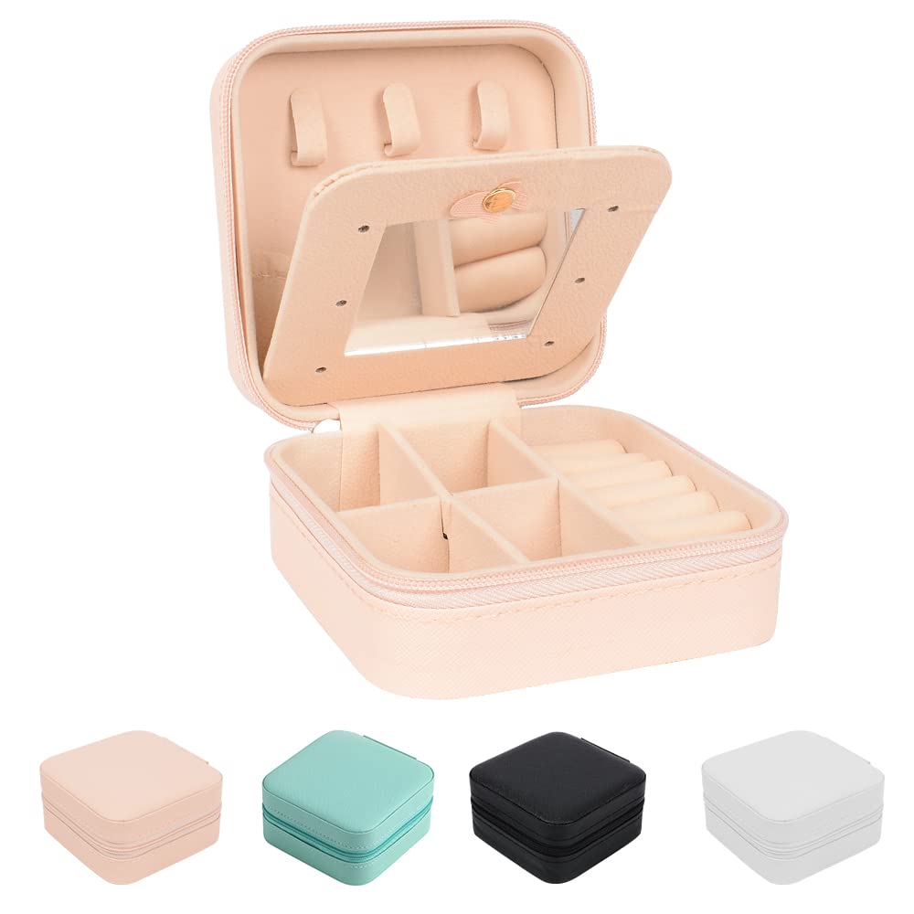 Jaragar Women's Pink With Mirror Small Jewellery Box With Mirror, Portable Jewellery Organiser Mini Travel Jewelry Box For Rings Earrings Necklace Jewelry Gift For Girls