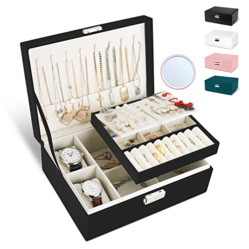 Joyero, almacenamiento de joyas para mujeres Estuche de almacenamiento de cuero de PU de doble capa para anillos Relojes Pendientes Pulseras Collares Organizador de joyas con espejo de belleza Cover