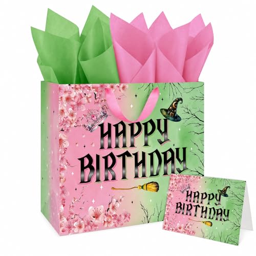 Witch Birthday Gift Bag for Girl Pink And Green Birthday Bag with Wrapping Paper and Greeting Card Musical Witch Hat Crown Movie Theme Paper Bags Gift Box for Friendship Bday Party Supplies