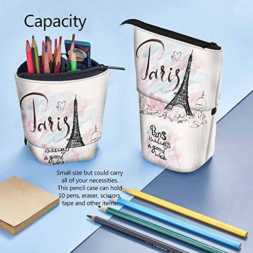 Image of Swono Eiffel Tower Pencil Pouch Romantic France Paris Marble Watercolor Stand Up Pencil Case Organizer Pencil Holder Makeup Bag Gift Pink