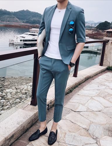 Ulnomio Men's Half Sleeves Suit Set Two Pieces Notch Lapel One Button Elbow Sleeve Jacket and Pants Role Play Daily4